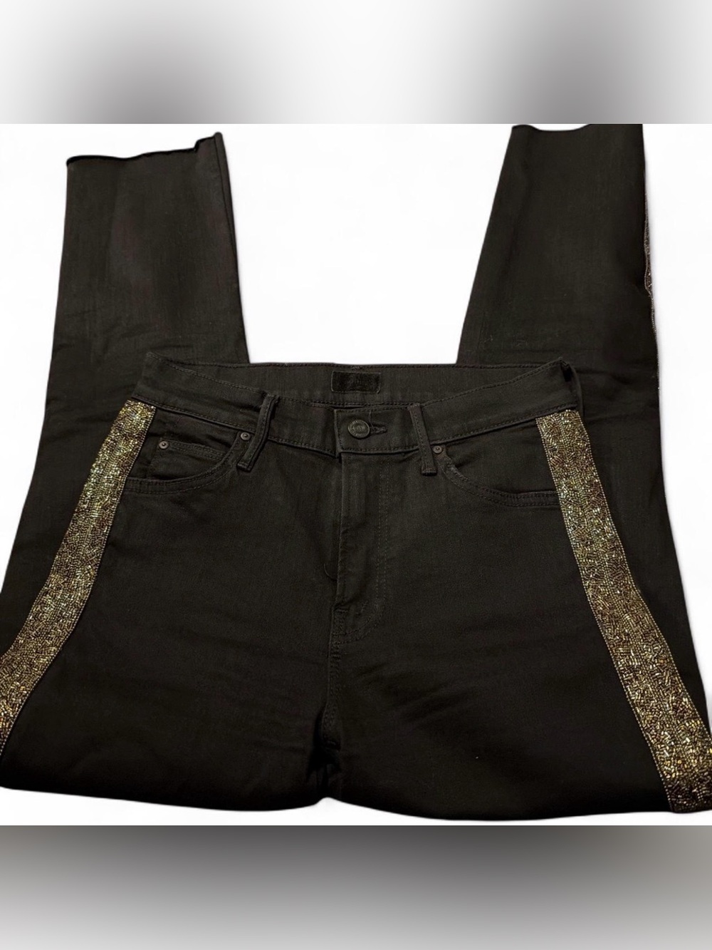 MOTHER High-Rise Black Jeans with Gold Sequin Side Stripe